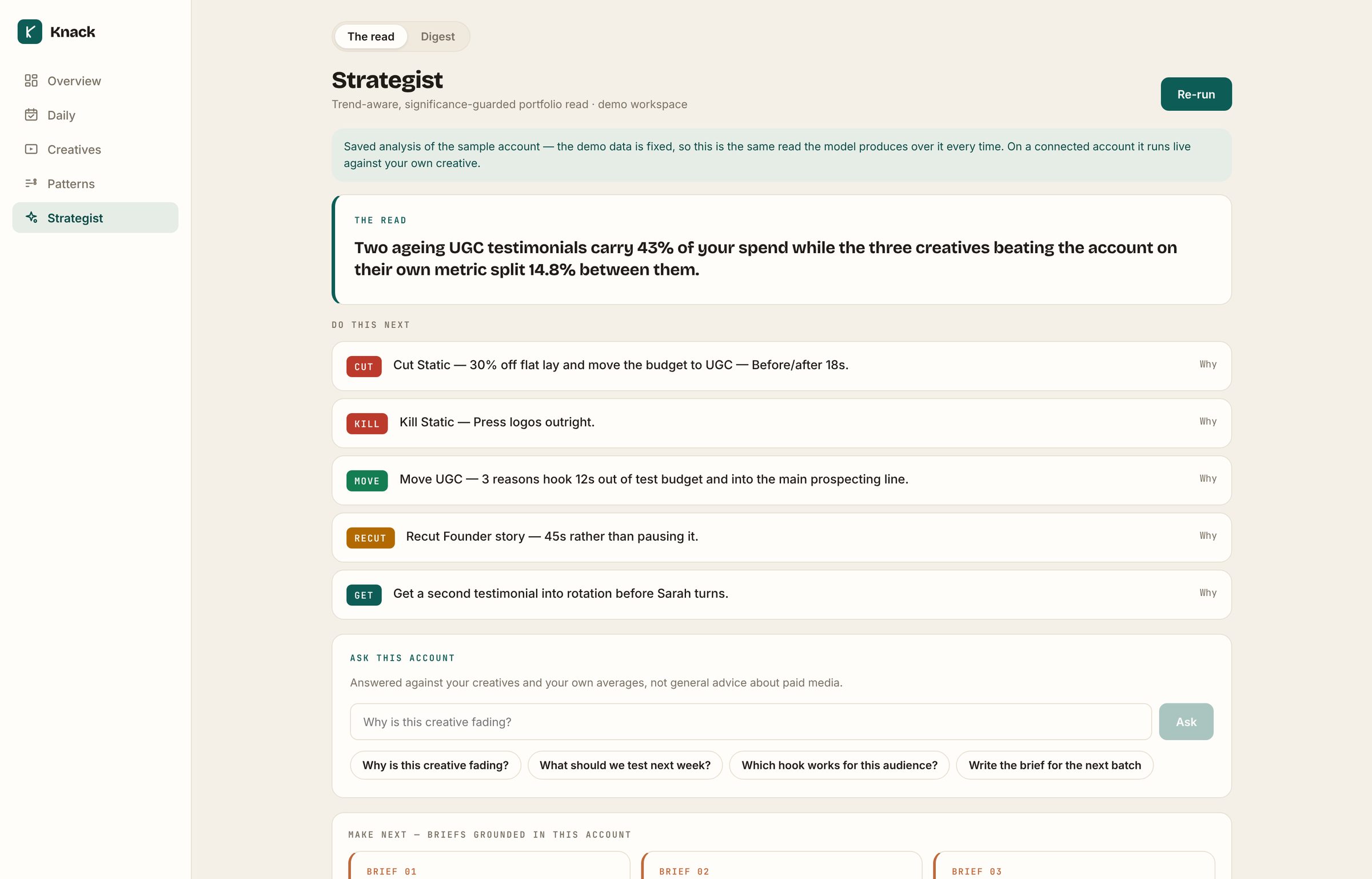 The Knack strategist: a written read of the account naming which creatives to scale, iterate and kill.